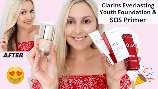 Clarins Everlasting Youth Foundation amp Clarins SOS Primer review  Clarins makeup [upl. by Eecart]