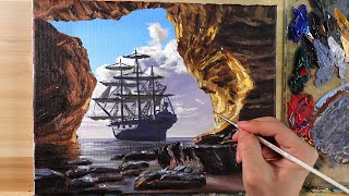 Acrylic Painting Pirate Ship Sailing  Correa Art [upl. by Eenwat]