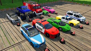 TRANSPORTING POLICE CARS CAR GAME MONSTER TRUCK AMBULANCE CARS OF COLORS WITH TRUCKS  FS 22 [upl. by Pendleton969]