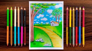 Nature Scenery Drawing with Cheap Colour Pencils for beginners  step by step [upl. by Liban]