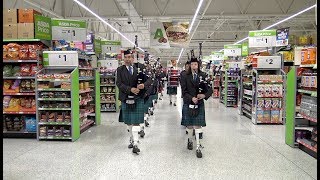 Rare sight as Newtonhill Pipe Band parade through Asda in Portlethen Scotland June 2018 [upl. by Kapeed]