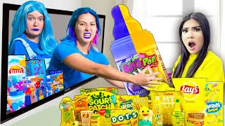 YELLOW VS BLUE FOOD CHALLENGE IN 24 HOURS EATING ONLY 1 COLOR OF SNACK BY SWEEDEE [upl. by Cilla]