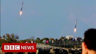 SpaceX nails triple booster landing  BBC News [upl. by Ajnotal]