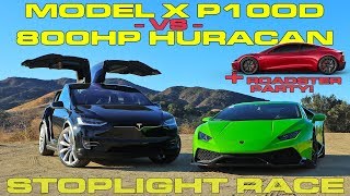 Tesla Model X P100D vs 800HP Lamborghini Huracan to 60 MPH and Tesla Roadster Party [upl. by Airliah445]