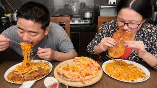 Crispy fried Fish Fillets Home made Cheese Piza with 2X Spicy Noodles Mukbang [upl. by Rajiv]