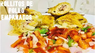 Rollitos de pollo empanados rellenos de jamón dulce y mozzarella super fácil solo 10 minutos [upl. by Damon]