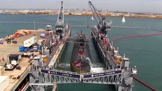 Nuclear Submarine Dry Docks Inside Floating Dry Dock  Timelapse Video [upl. by Fredella]