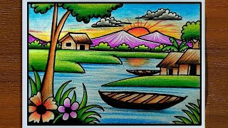 Beautiful Village Scenery Drawing with Colored Pencils [upl. by Dilan]