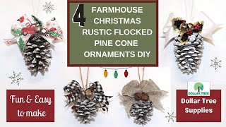 4 Christmas Pine Cone Ornaments Decor DIY  Dollar Tree Red Truck  Farmhouse Christmas Flocked DIY [upl. by Ger]