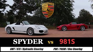 Porsche Boxster Spyder 987 vs Boxster 981 is less more X73 vs PASM 6MT vs PDK Hydraulic Steering [upl. by Grube80]