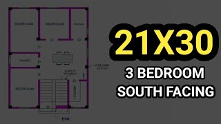 21x30 sqft house plan 3 bedroom  21x30 house plan south facing  21 ft by 30 ft house design [upl. by Eimile542]