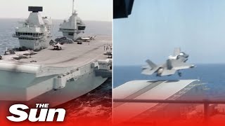 Russian fighter bombers ‘buzz’ warship HMS Queen Elizabeth as crew scramble stealth jets [upl. by Yorztif560]