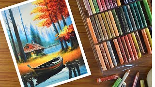 Oil Pastel Landscape Drawing  step by step  Forest cabin scenery Painting with Oil Pastel [upl. by Lisetta]