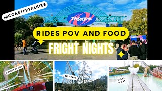 THORPE PARK 4K ALL RIDES 👉POV AND 👉FOOD OPTIONS 👉FRIGHT NIGHTS🤩🤩🤩 [upl. by Gunar13]