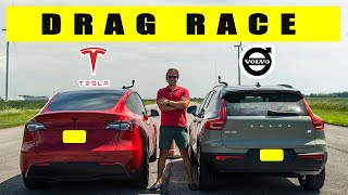 2021 Tesla Model Y vs 2021 Volvo XC40 Recharge drag and roll race [upl. by Emrich]