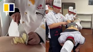 Trainee chefs slice potatoes on classmates’ backs sparking safety concerns [upl. by Heim]