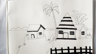 Beautiful indian village scenery drawing । super village drawing। village drawing videos। how to [upl. by Akiret]