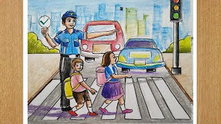 how to draw save drive save life with oil pastel colorroad safety drawing easycity safety drawing [upl. by Ahsekan940]