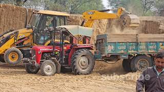 Backhoe loader machine loading Mud in Eicher and Massey Tractors I Jcb tractor trolley video [upl. by Bjork887]