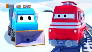 Troy The Train and the Snowplow in Car City with Tom the Tow Truck  Cars amp Trains cartoon for kids [upl. by Launam]