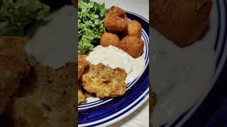 Breaded fish chunks hush puppies and kale and citrus salad bigcookinginatinykitchen [upl. by Forras]