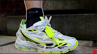 OffWhite Be Right Back LaceUp Sneakers White Yellow Neon ON FOOT [upl. by Merkley]