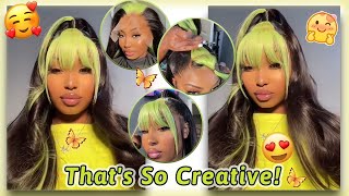 💚HOW TO  HOT GREEN ROOTS SKUNK STRIP  HALF UP HALF DOWN w BANG ON 13x4 LACE FRONTAL WIG [upl. by Notlew]