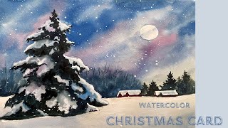 Watercolor Christmas Landscape Step by Step  Watercolor Christmas Card for Beginners [upl. by Fidole546]