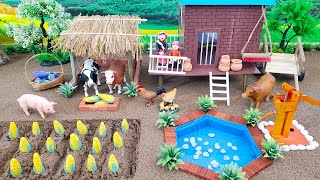 DIY making mini Farm House Diorama with Cow Shed  Mini Hand Pump Supply Water Pool for Animals [upl. by Ardnoyek]