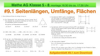 36  Mathe AG 5 bis 8  91 Seitenlängen Umfänge und Flächen  Geometrie [upl. by Coplin]