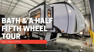 15 Bath Fifth wheel 2021 Sabre 37FLH Tour by Forest River RV Front Living Island Kitchen RV [upl. by Kcirdle]