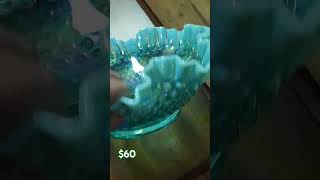 fenton teal hobnail carnival glass ruffled bowl 115 inch [upl. by Verda170]