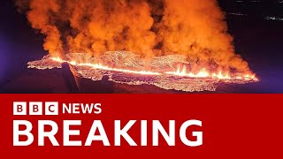 Iceland volcano erupts near village  BBC News [upl. by Silvano]