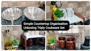 ✨ Kitchen simple Countertop Organisation Ideas Unboxing DMart Triply Cookware Setmysweethome24 [upl. by Cynthia619]