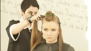 Hairdresser with short pixie haircut giving a long haircut for this beautiful client [upl. by Calendra]