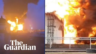 Video appears to show helicopter attack on oil depot in Russia [upl. by Nosyk913]