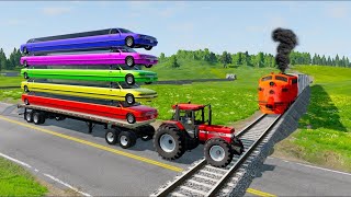 Double Flatbed Trailer Truck vs Speedbumps Train vs Cars  Tractor vs Train BeamngDrive [upl. by Reppep178]