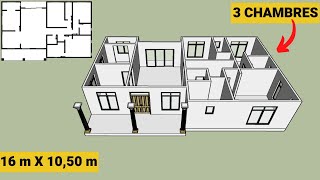 PLAN DE MAISON MODERNE 3 CHAMBRES SIMPLE ET JOLIE 16m x 1050m [upl. by Eednac]