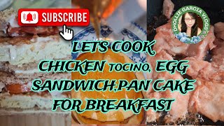 LETS COOK CHICKEN TOCINO EGG SANDWICH PAN CAKE FOR BREAKFAST asmrbreakfast egg viralvideo [upl. by Gerc549]