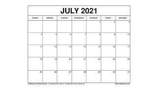 Printable July 2021 Calendar Templates with Holidays  VL Calendar [upl. by Bozuwa]