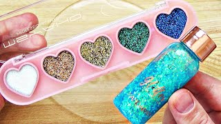 Slime Coloring with Glitter Makeup Mixing Heart Eyeshadow amp Shimmer Body Gel into Clear Slime [upl. by Icak]