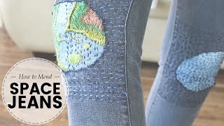 How to mend JEANS by HAND EMBROIDERY  Planet knees design idea  Last Minute Laura [upl. by Ericksen]