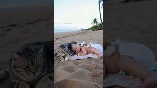 Baby and cat playing on the beach [upl. by Arundell]