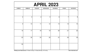 Printable April 2023 Calendar Templates with Holidays  VL Calendar [upl. by Eille338]