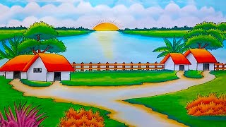 How to draw easy scenery drawing beautiful landscape village  Sunrise drawing  Village drawing [upl. by Aniehs944]