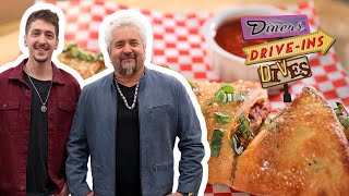 Guy and Hunter Fieri Eat Chicken Parm Stromboli  Diners DriveIns and Dives  Food Network [upl. by Yelyr]