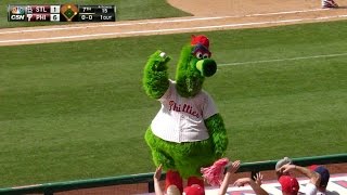 Phillie Phanatic dives on dugout to get ball [upl. by Eizzo452]