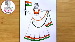 Republic Day Drawing Easy Steps  How to draw 26 January Drawing Easy StepTraditional Girl Drawing [upl. by Nadruoj]