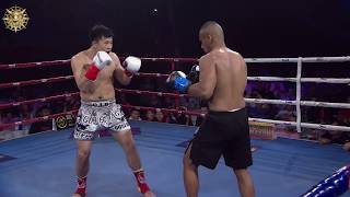 Chinese Axelegged Guo Qiang Low Sweeping leg TKO New Zealand Warrior [upl. by Filomena]