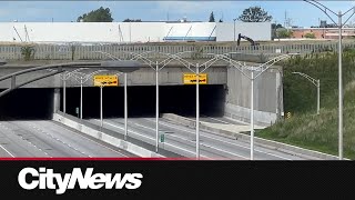 Part of Highway 13 in Montreal closed due to flooding in Dorval tunnel [upl. by Yekcor979]